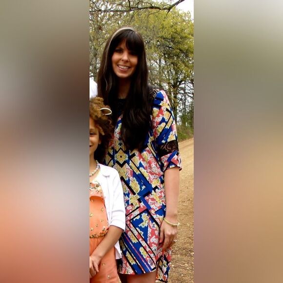 Socialite Watercolor Floral Geometric Black Lace Yoke Mini Dress Royal Blue S - Picture 9 of 11